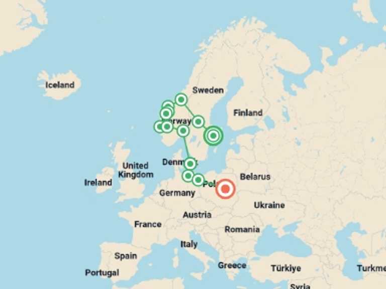 Map of Norway and Sweden Tour with 10 destination visits for the trip: Legendary Fjords and Northern Poland End Warsaw