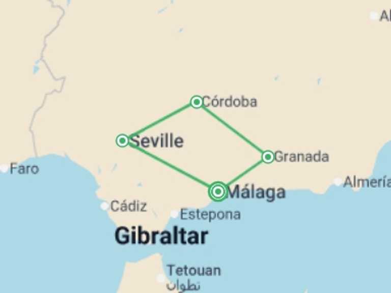 Map itinerary of Europe Tour in June 2026 with 4 destination visits for the trip: Heart Of Andalusia 6 Days, Self-drive