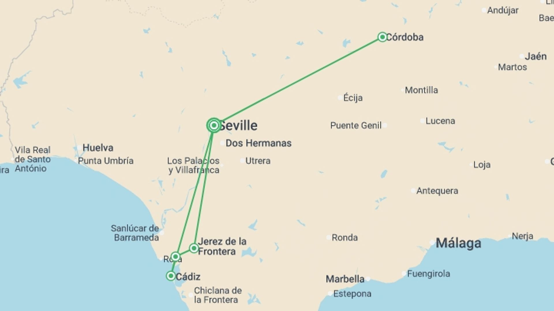 A map showing the tour itinerary for the trip: Andalusian Christmas (port-to-port cruise), starting in Seville, Spain and ending in Seville, Spain going through 2 other destinations.