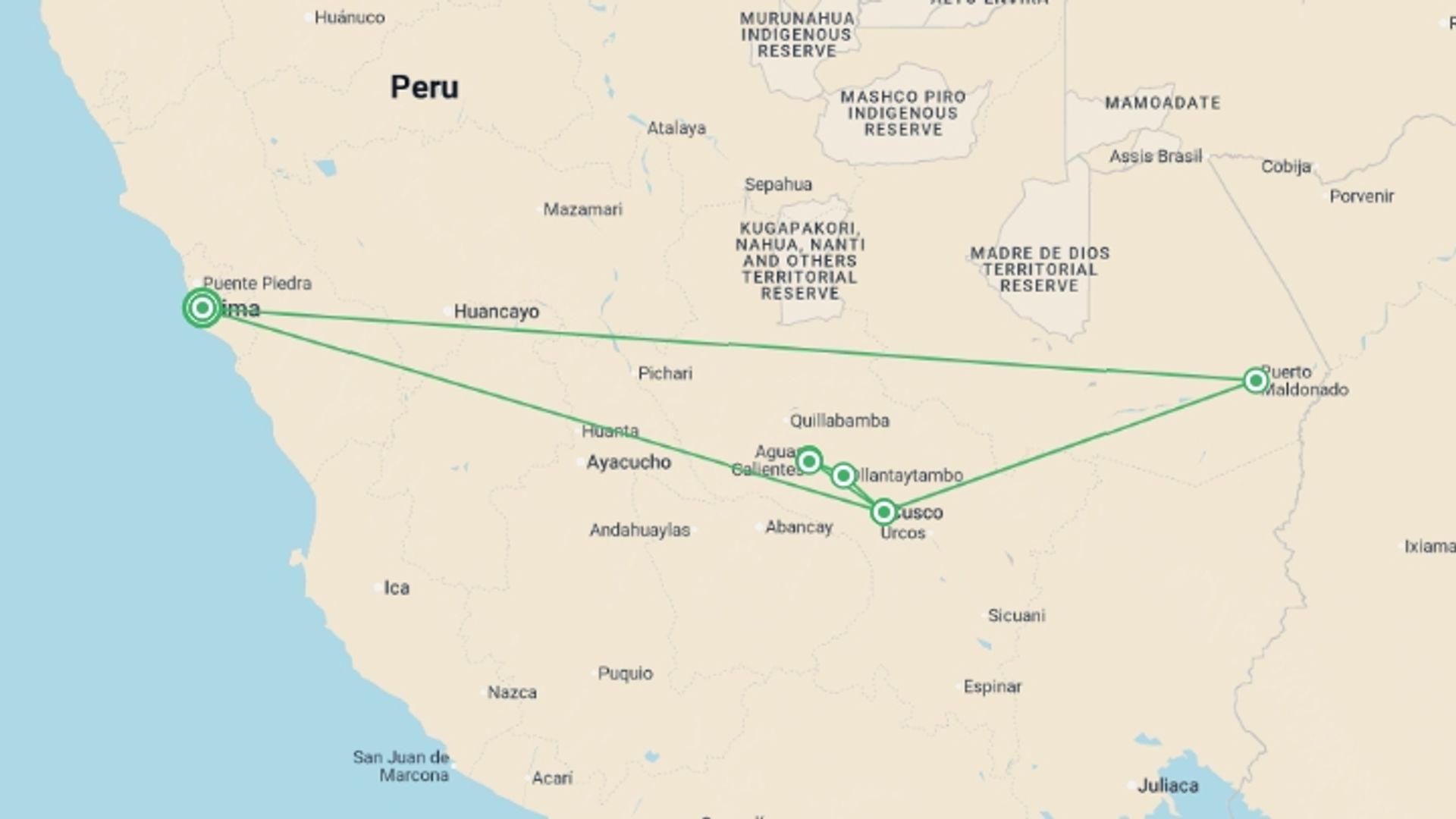 A map showing the tour itinerary for the trip: Inca Trail & Amazon Adventure, starting in Lima, Peru and ending in Lima, Peru going through 6 other destinations.