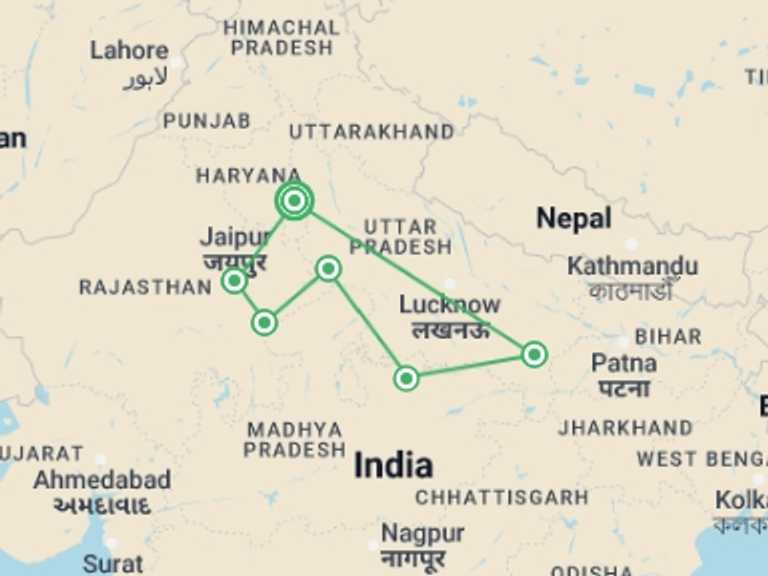 Map of 15-Day New Delhi Tour with 2 destination visits for the trip: Mysteries of India 