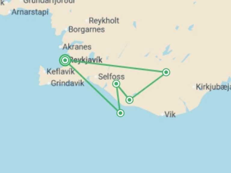 Map of Northern Europe Adventure Tour with 5 destination visits for the trip: South Iceland Summer Explorer - 6 days