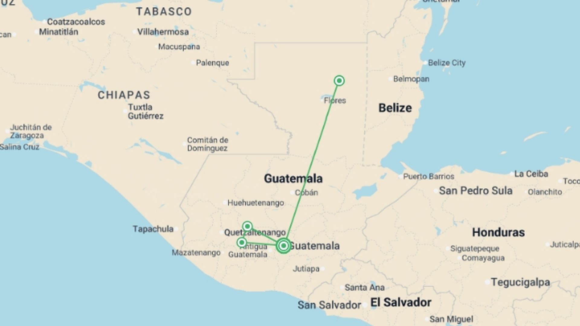 A map showing the tour itinerary for the trip: The Guatemala Express, starting in Guatemala City, Guatemala and ending in Guatemala City, Guatemala going through 3 other destinations.