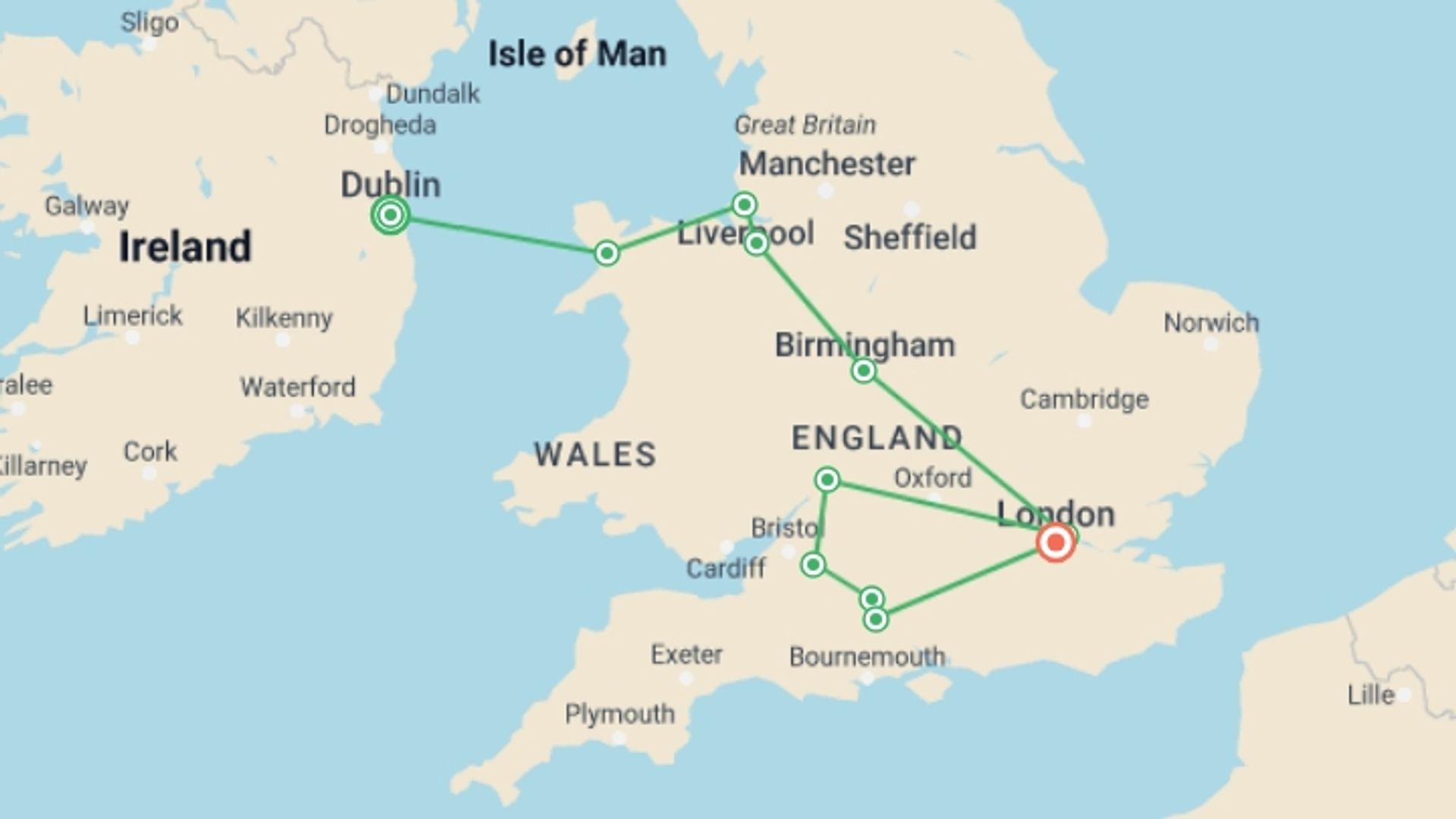 A map showing the tour itinerary for the trip: From Dublin to Southern England, starting in Dublin, Ireland and ending in London, England going through 3 other destinations.