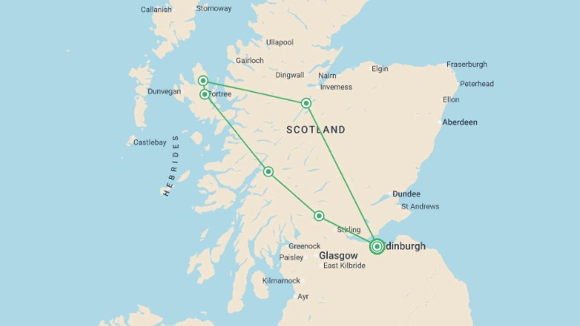 A map showing the tour itinerary for the trip: Isle of Skye Discovery - 3 days, starting in Edinburgh, Scotland and ending in Edinburgh, Scotland going through 2 other destinations.
