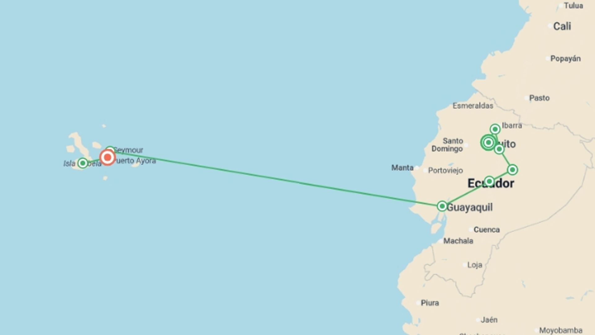 A map showing the tour itinerary for the trip: Best of Ecuador and Galapagos Islands, starting in Quito, Ecuador and ending in Isla Santa Cruz, Ecuador going through 8 other destinations.