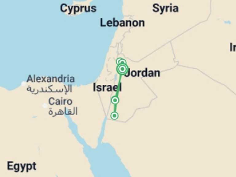 Map itinerary of Jordan Tour in May 2026 with 4 destination visits for the trip: Highlights of Jordan