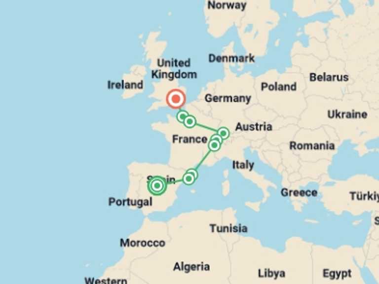 Map itinerary of London Tour in Winter with 9 destination visits for the trip: Sensational Spain, Switzerland, Paris and London