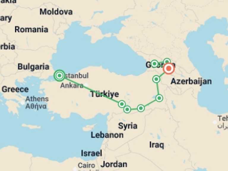 Map itinerary of Europe Tour in September 2026 with 9 destination visits for the trip: Eastern Turkey & Georgia Discovery