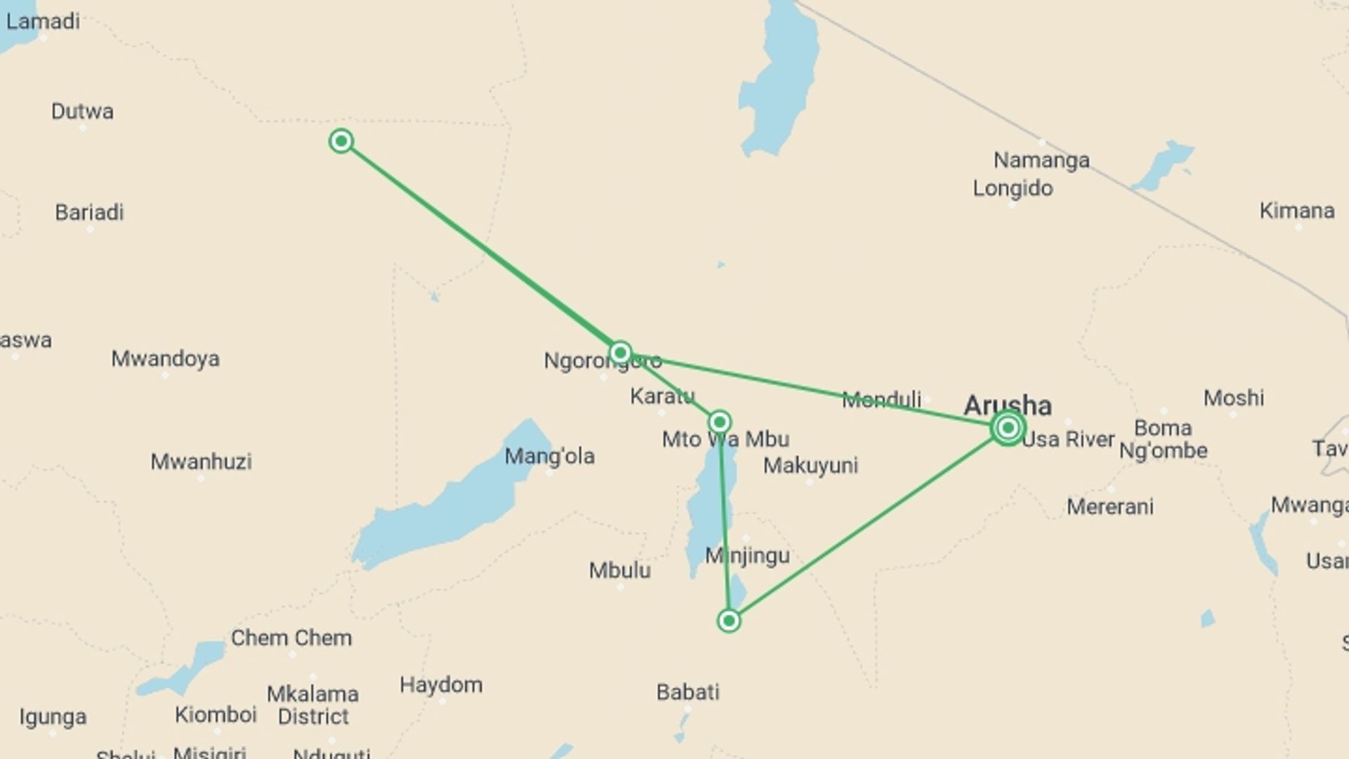 A map showing the tour itinerary for the trip: 6-Day Tarangire Serengeti Ngorongoro Lake Manyara, starting in Arusha, Tanzania and ending in Arusha, Tanzania going through 4 other destinations.