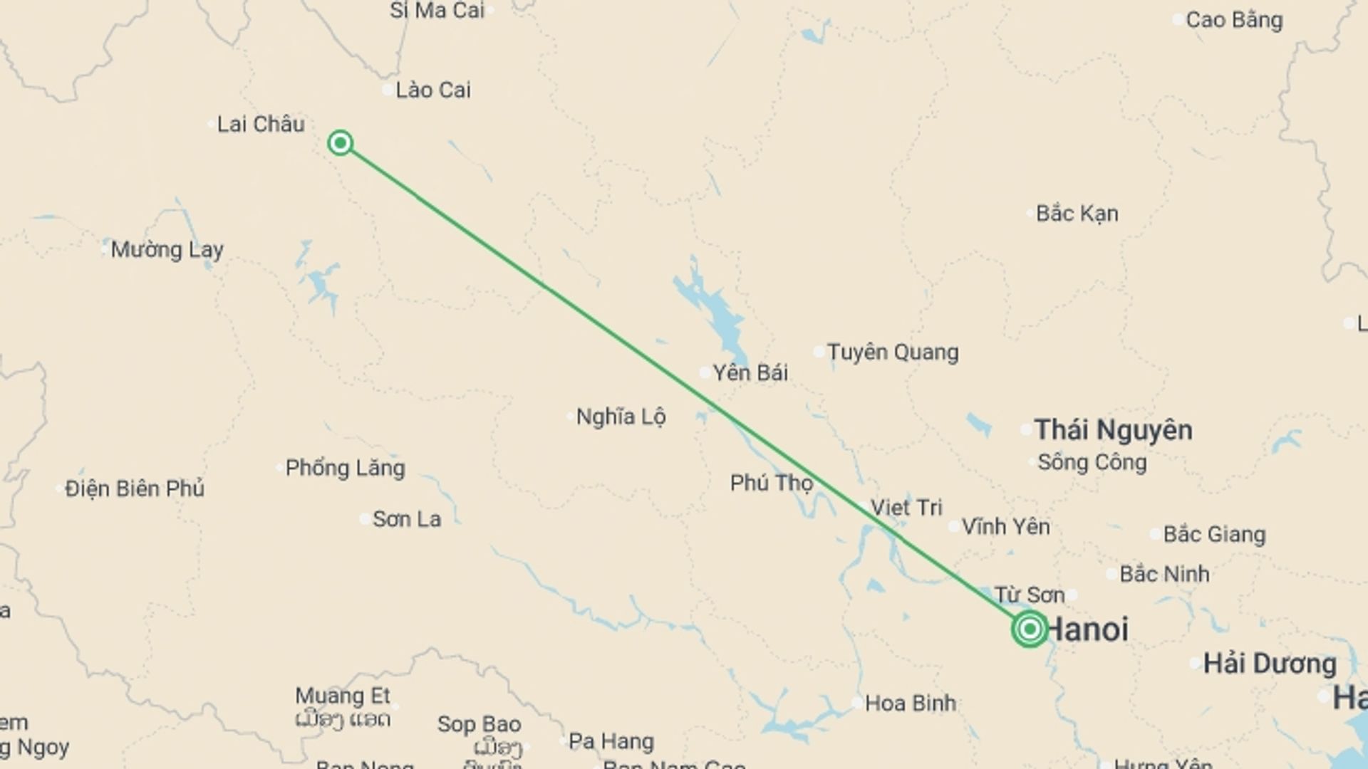 A map showing the tour itinerary for the trip: Secrets of Sapa - 4 days, starting in Hanoi, Vietnam and ending in Hanoi, Vietnam going through 1 other destinations.