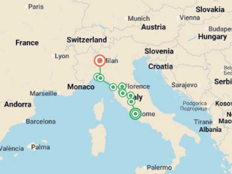 Map of Europe Tour with 5 destination visits for the trip: The Essential of Italy end Milan