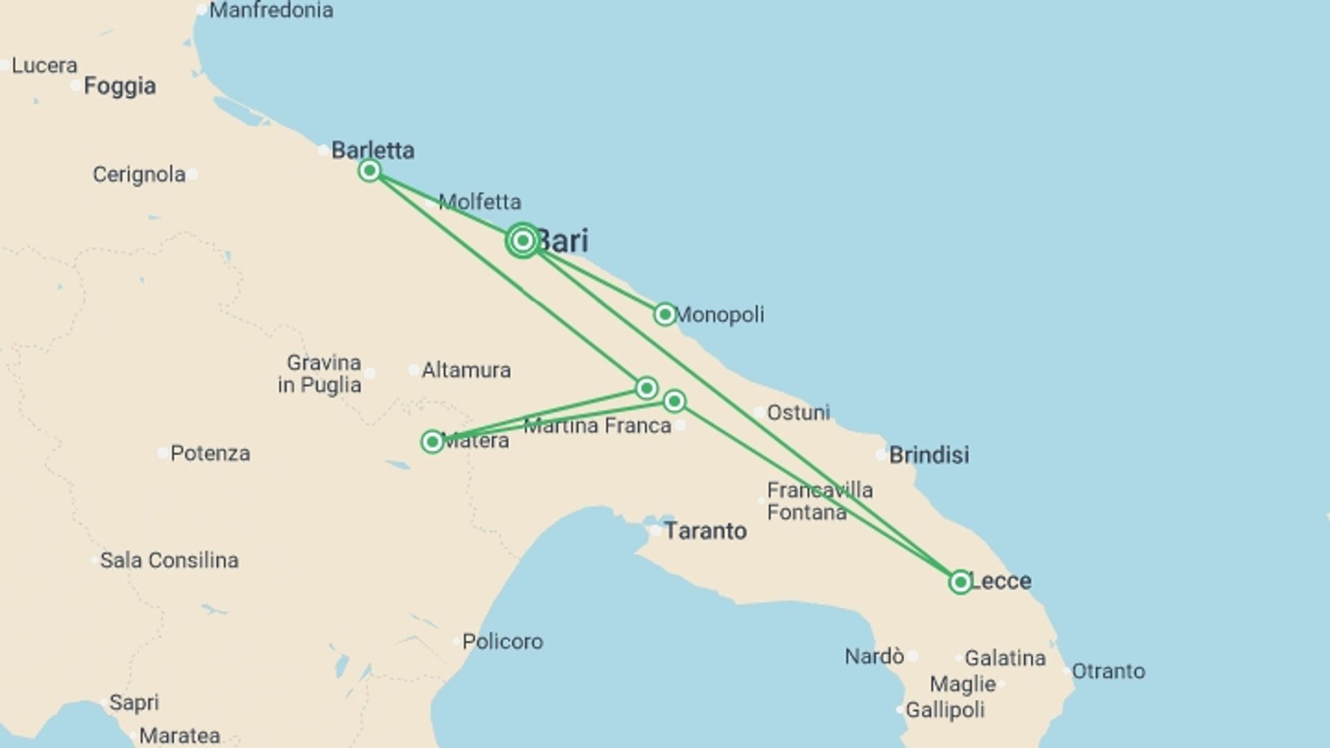 A map showing the tour itinerary for the trip: Puglia Discovery - 9 days, starting in Bari, Italy and ending in Bari, Italy going through 4 other destinations.