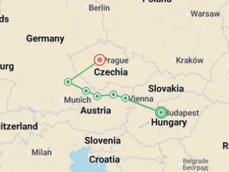 Map itinerary of Prague Tour in November 2026 with 2 destination visits for the trip: Delightful Danube & Prague (2026)
