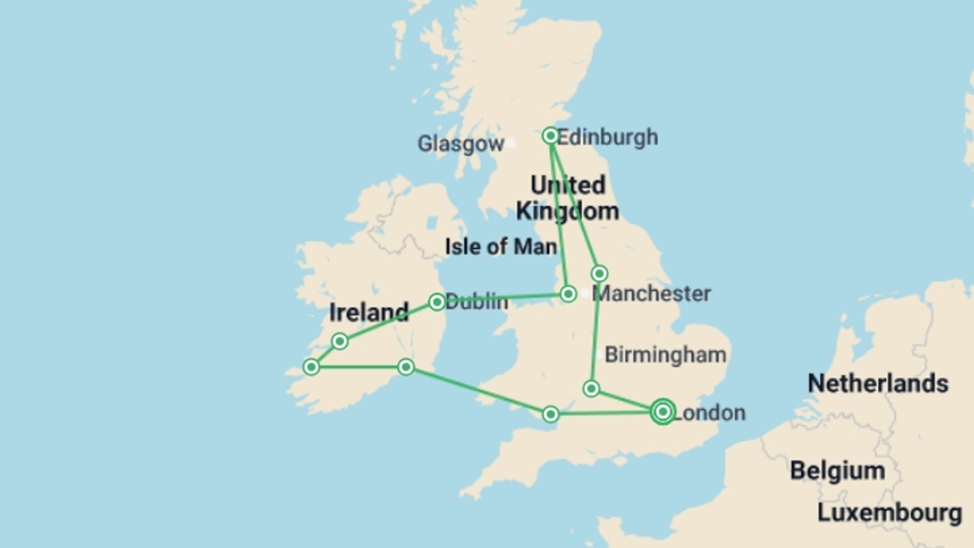 A map showing the tour itinerary for the trip: Britain and Ireland Experience, starting in London, England and ending in London, England going through 9 other destinations.