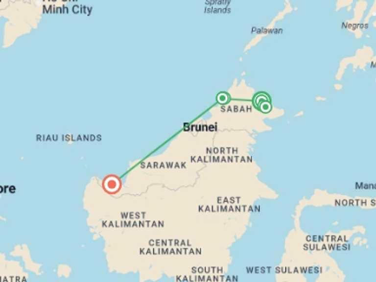 Map itinerary of Indonesia Tour in November 2025 with 5 destination visits for the trip: Borneo Malaysia Discovery Tour