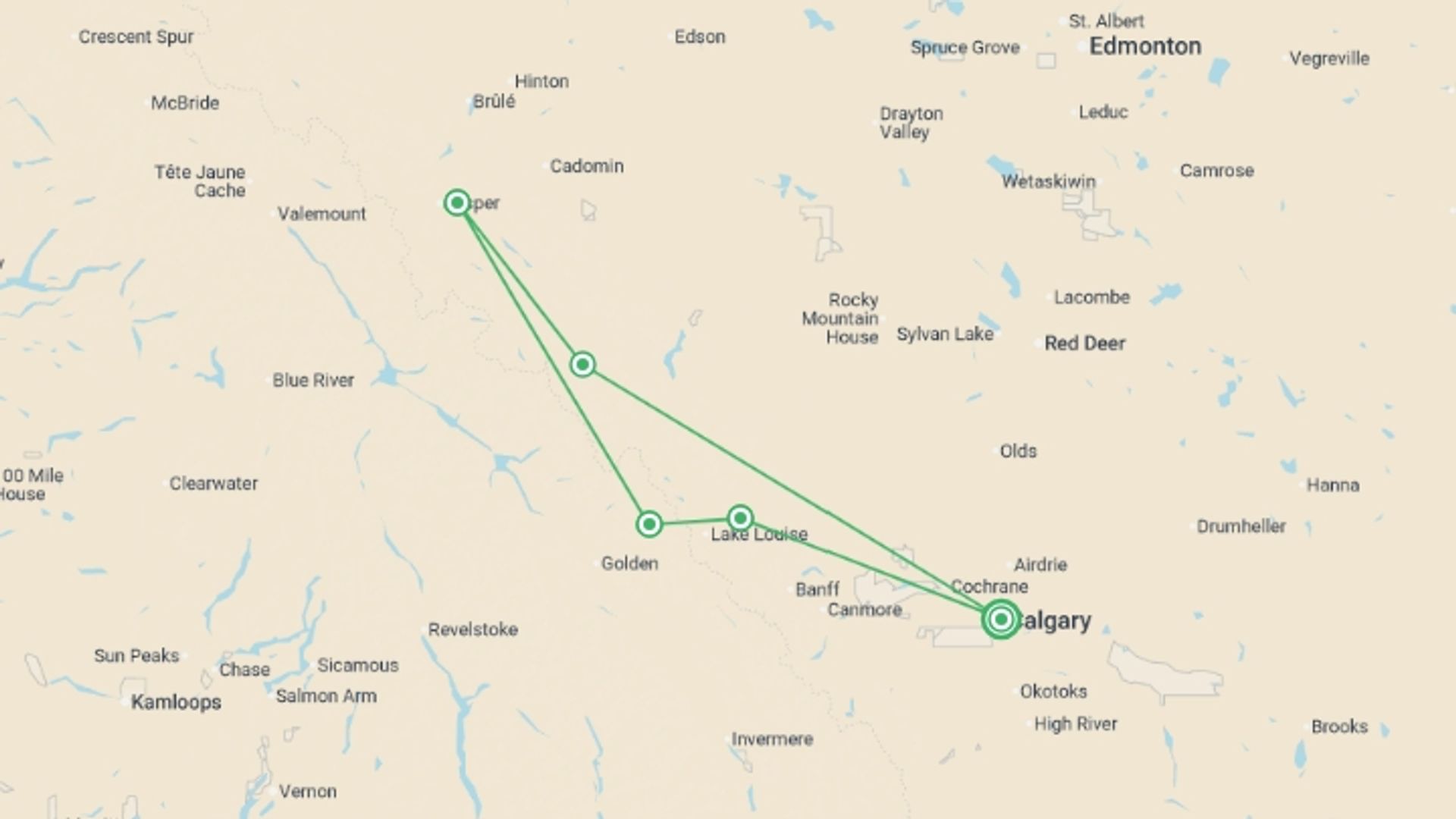 A map showing the tour itinerary for the trip: Hiking in the Canadian Rockies, starting in Calgary, Canada and ending in Calgary, Canada going through 4 other destinations.