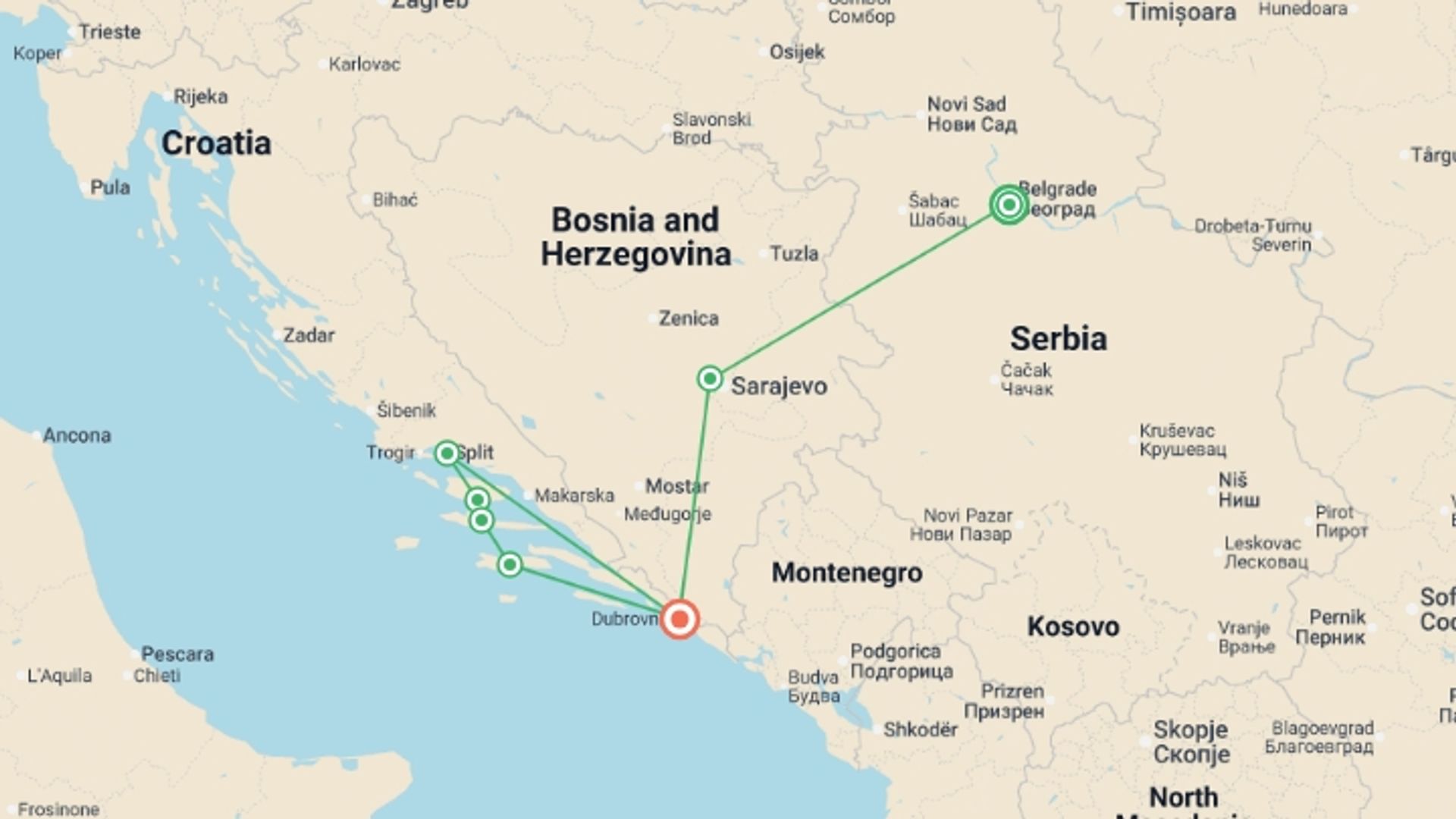A map showing the tour itinerary for the trip: Traveling Through the Former Yugoslavia, starting in Belgrade, Serbia and ending in Dubrovnik, Croatia going through 5 other destinations.