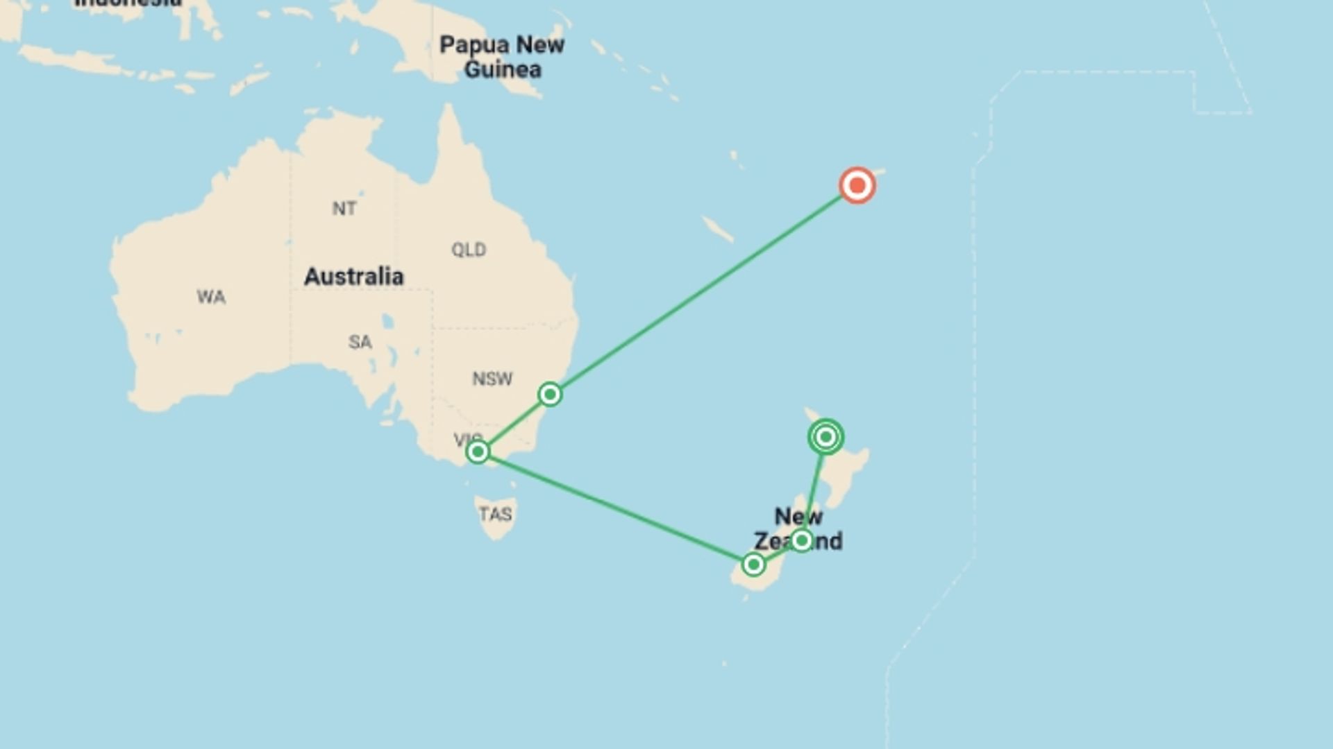 A map showing the tour itinerary for the trip: New Zealand, Australian East Coast & Fiji - 17 days, starting in Auckland, New Zealand and ending in Nadi, Fiji going through 4 other destinations.