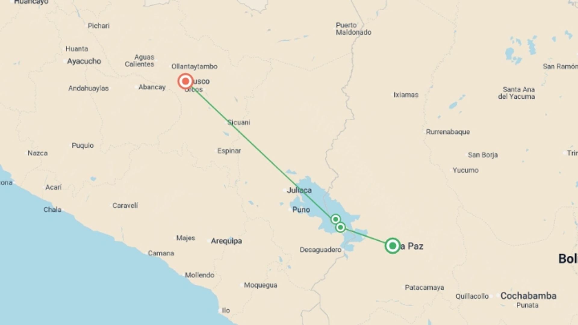 A map showing the tour itinerary for the trip: Lake Titicaca & Isla del Sol Explorer 4D/3N (La Paz to Cuzco), starting in La Paz, Bolivia and ending in Cusco, Peru going through 3 other destinations.
