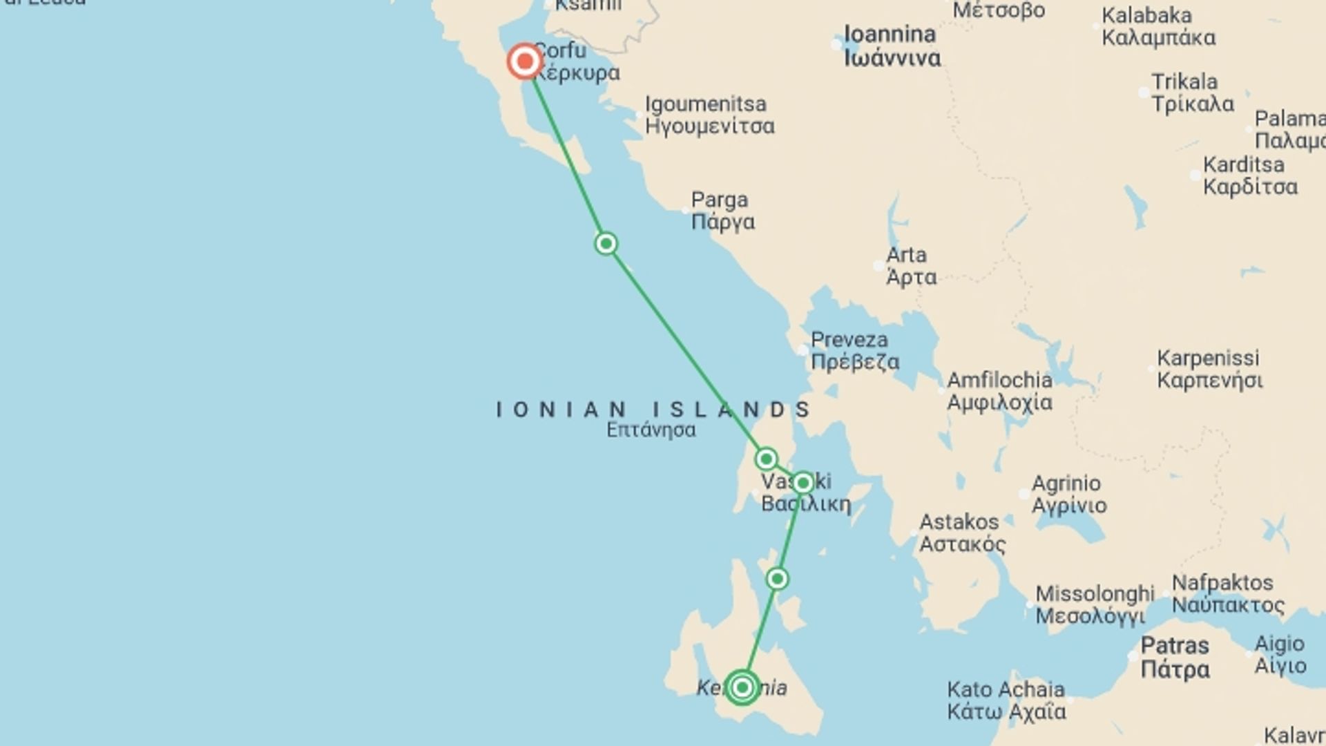 A map showing the tour itinerary for the trip: Greece Sailing Adventure: Kefalonia to Corfu, starting in Kefalonia, Greece and ending in Corfu, Greece going through 4 other destinations.