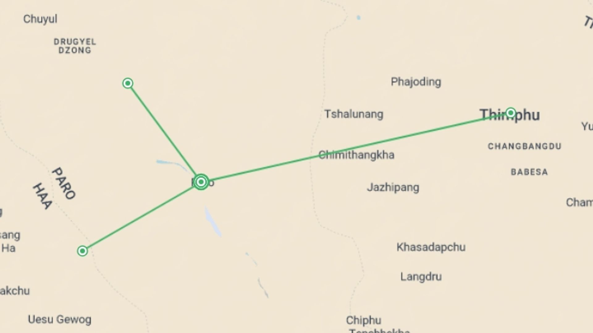 A map showing the tour itinerary for the trip: Bhutan Tibetan Kingdom 5D/4N, starting in Paro, Bhutan and ending in Paro, Bhutan going through 1 other destinations.