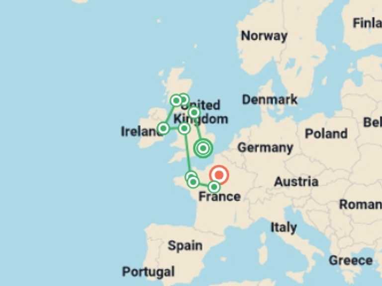 Map itinerary of Paris Tour in Spring with 12 destination visits for the trip: Best of the UK, Ireland and France