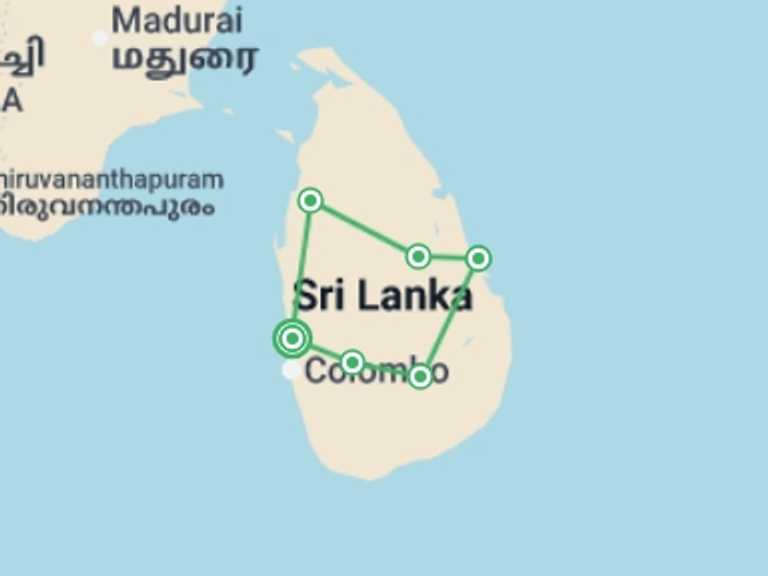 Map itinerary of Asia Tour in July 2026 with 6 destination visits for the trip: Family Highlights of Sri Lanka
