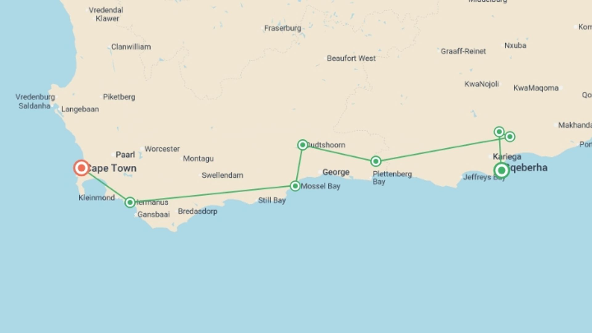 A map showing the tour itinerary for the trip: Cape Town & the Garden Route, starting in Port Elizabeth, South Africa and ending in Cape Town, South Africa going through 5 other destinations.