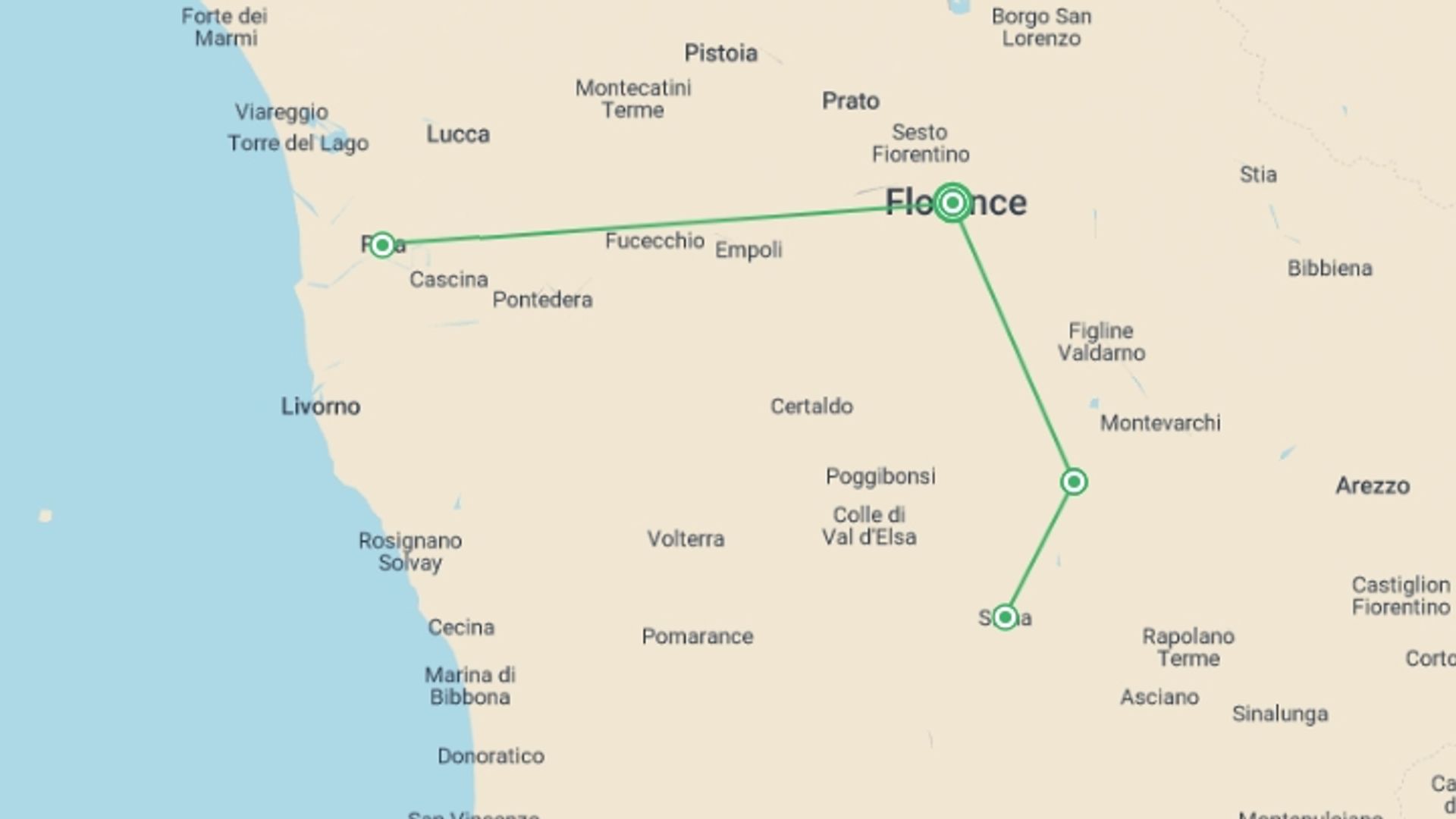 A map showing the tour itinerary for the trip: Tuscany Escape, Semi-private Tour, starting in undefined, Italy and ending in undefined, Italy going through 0 other destinations.