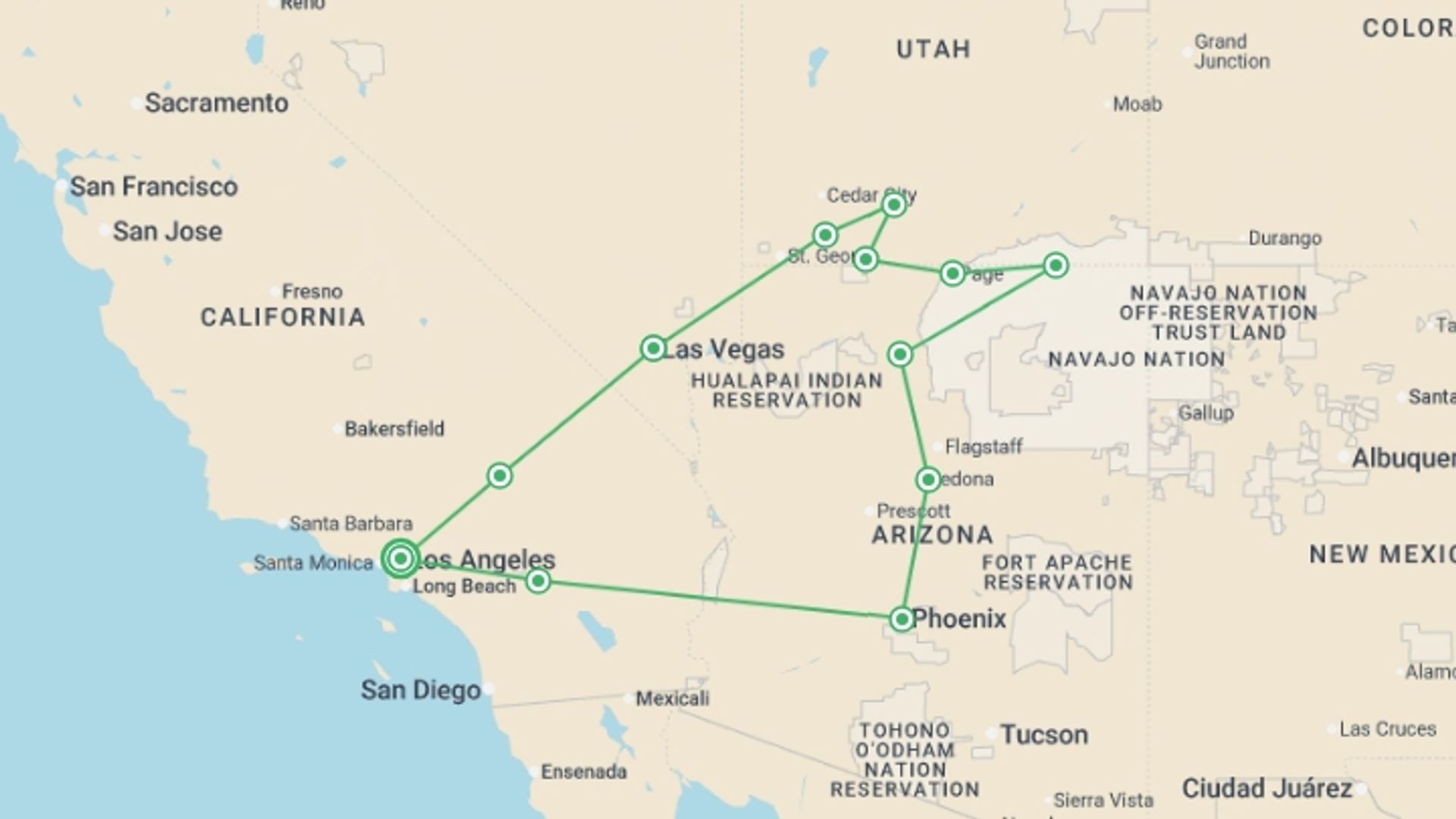 A map showing the tour itinerary for the trip: Western Trails, starting in Los Angeles, USA and ending in Los Angeles, USA going through 6 other destinations.