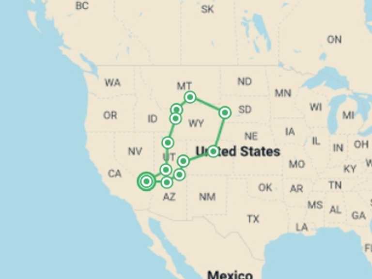 Map of North America Tour with 12 destination visits for the trip: Scenic Parks Explorer
