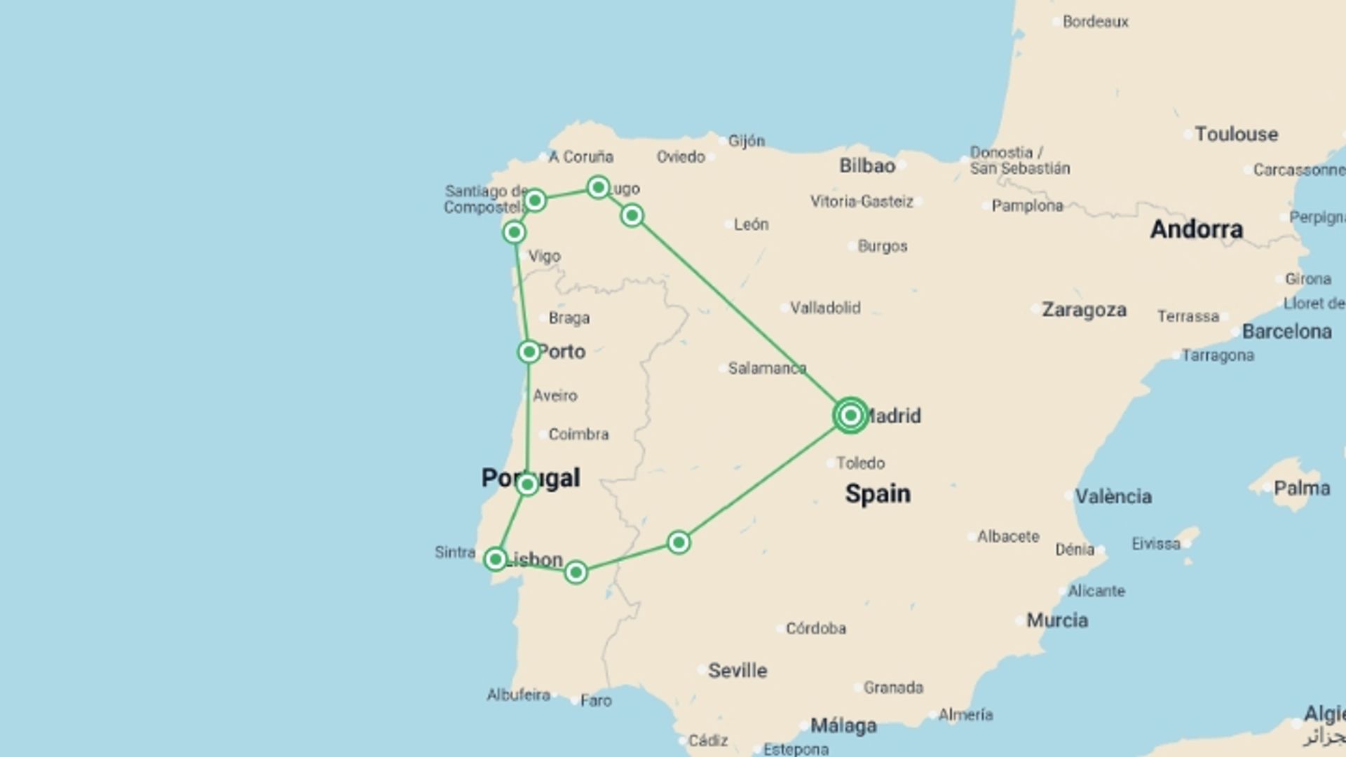 A map showing the tour itinerary for the trip: Essential Spain and Portugal, starting in Madrid, Spain and ending in Madrid, Spain going through 3 other destinations.