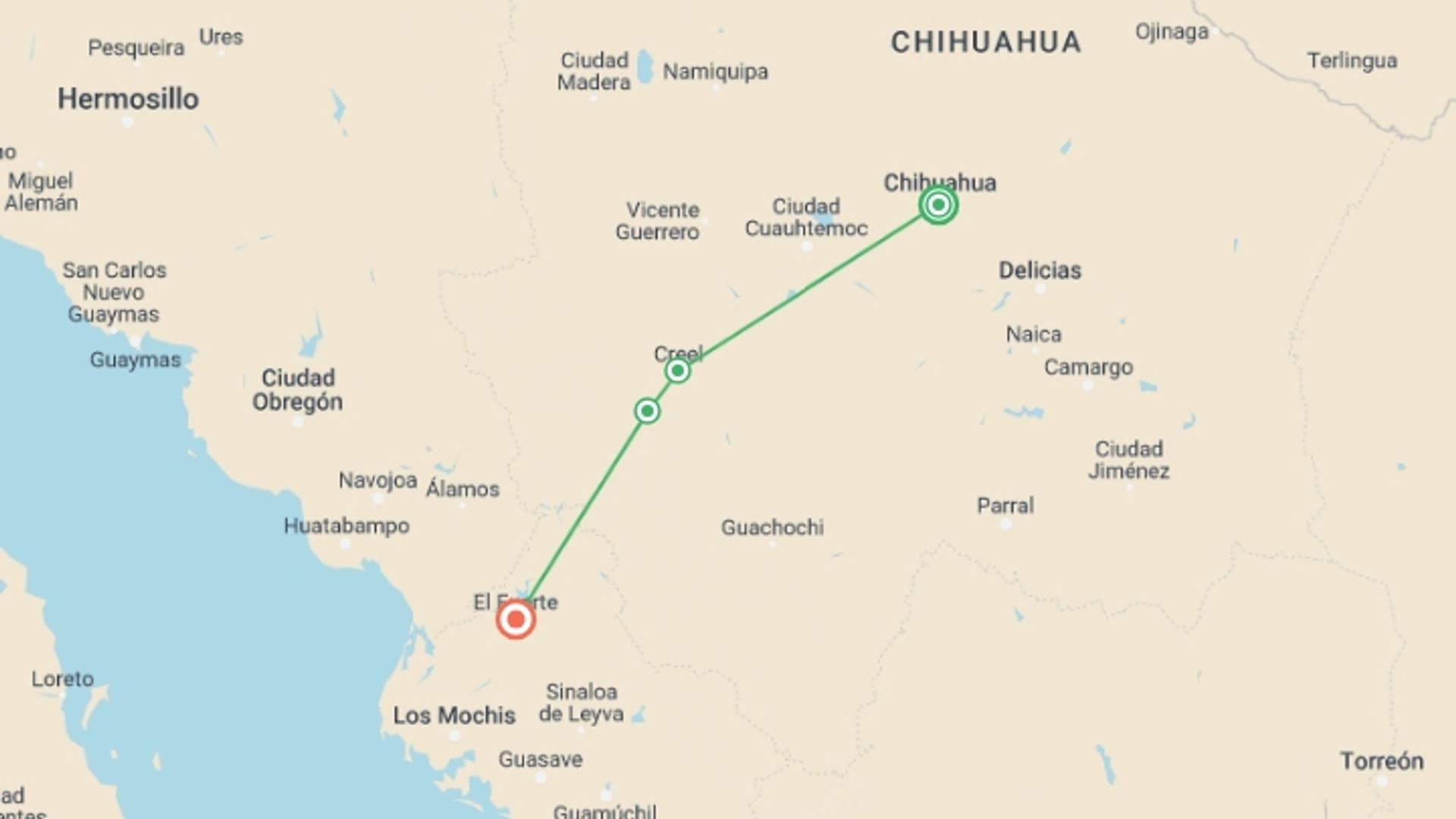 A map showing the tour itinerary for the trip: Sierra Tarahumara, starting in Chihuahua, Mexico and ending in Mexico City, Mexico going through 4 other destinations.