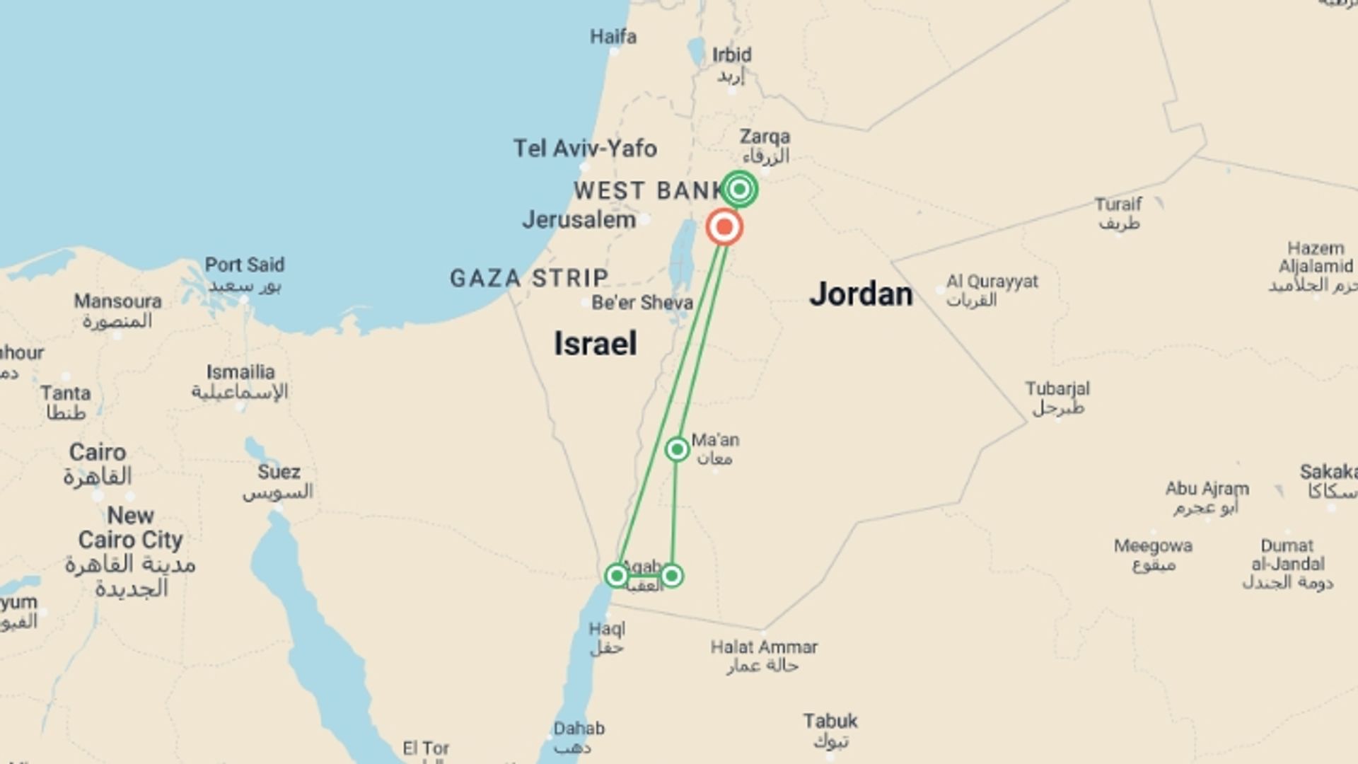 A map showing the tour itinerary for the trip: Jordan: Ancient Cities, Iconic Petra & Red Sea Swimming, starting in Amman, Jordan and ending in Madaba, Jordan going through 3 other destinations.