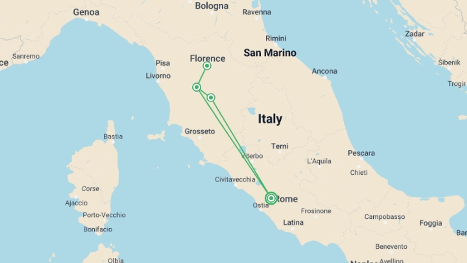A map showing the tour itinerary for the trip: Local Living Italy—Tuscany San Gimignano, starting in Rome, Italy and ending in Rome, Italy going through 3 other destinations.