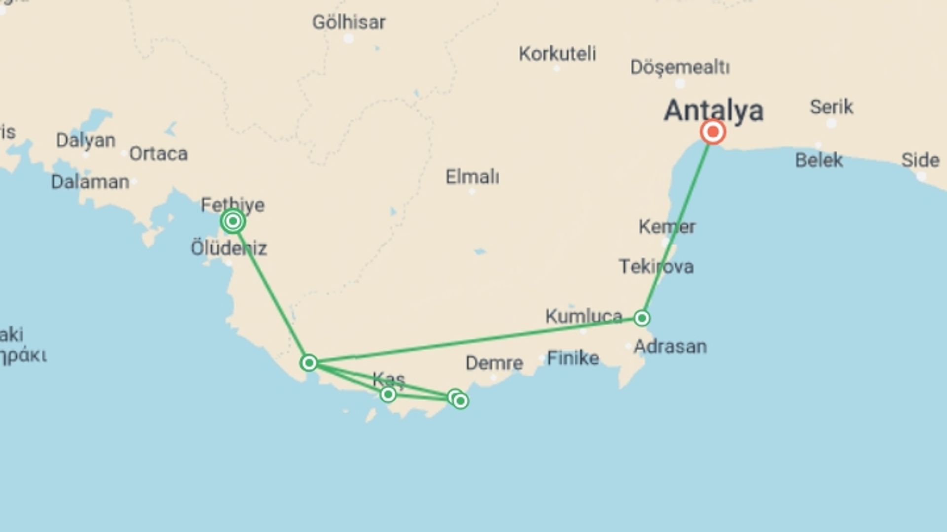 A map showing the tour itinerary for the trip: Fethiye to Demre Gulet, starting in Fethiye, Turkey and ending in Antalya, Turkey going through 3 other destinations.