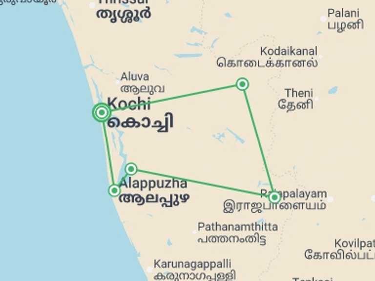 Map itinerary of Asia Tour in June 2026 with 6 destination visits for the trip: Kochi & Kerala Loop (4 Star) - 8 days