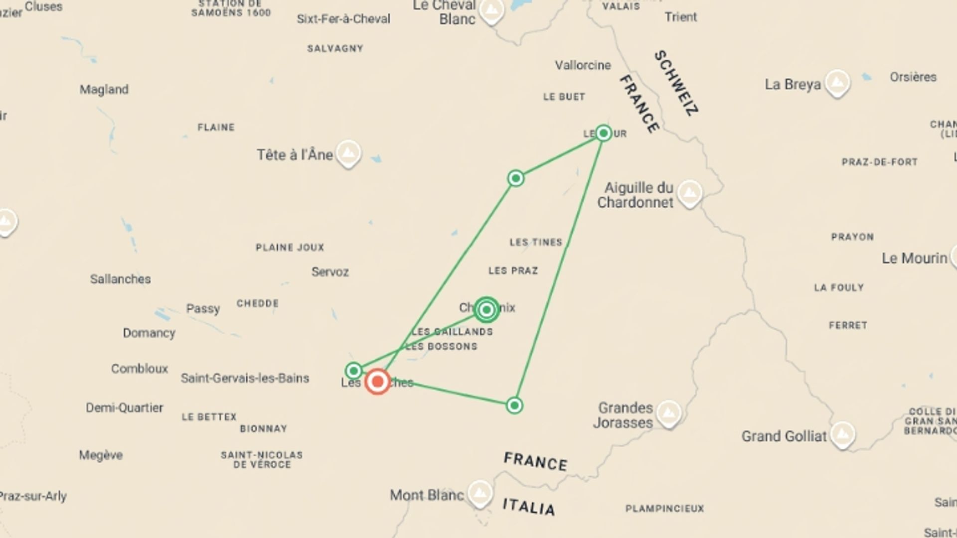 A map showing the tour itinerary for the trip: Highlights of Mont Blanc, starting in Chamonix, France and ending in Les Houches, France going through 5 other destinations.