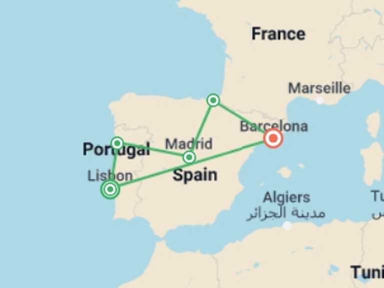 Map of Lisbon Cultural, religious and historic sites Tour with 5 destination visits for the trip: Delve Deep: Spain & Portugal