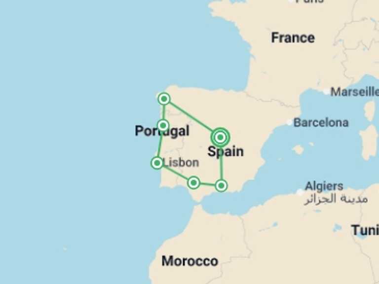 Map itinerary of Spain Tour in March 2027 with 6 destination visits for the trip: Spanish and Portuguese Landscapes