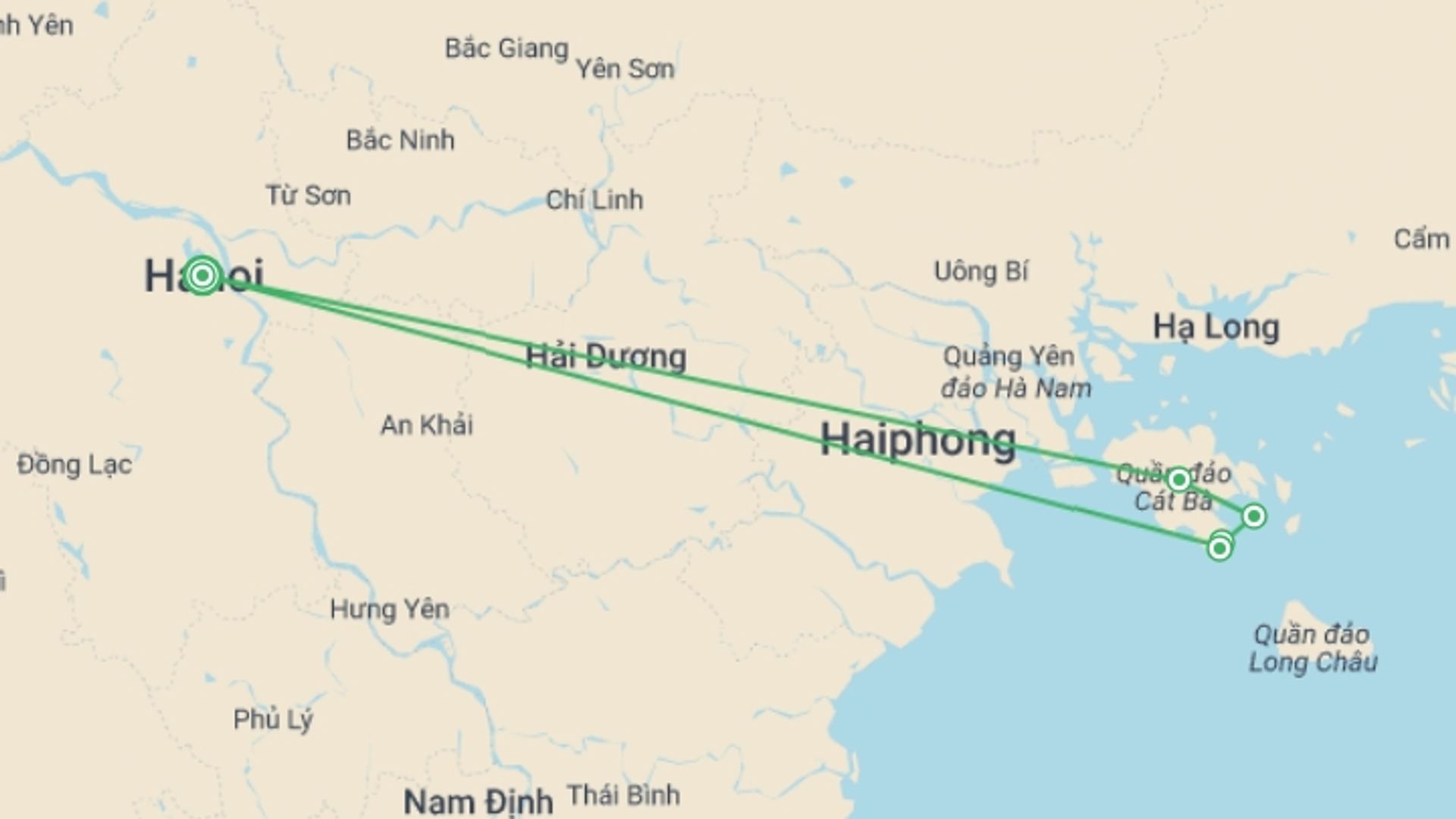 A map showing the tour itinerary for the trip: Adventure To Cat Ba And Lan Ha Bay 3 Days 2 Nights, starting in Hanoi, Vietnam and ending in Hanoi, Vietnam going through 2 other destinations.