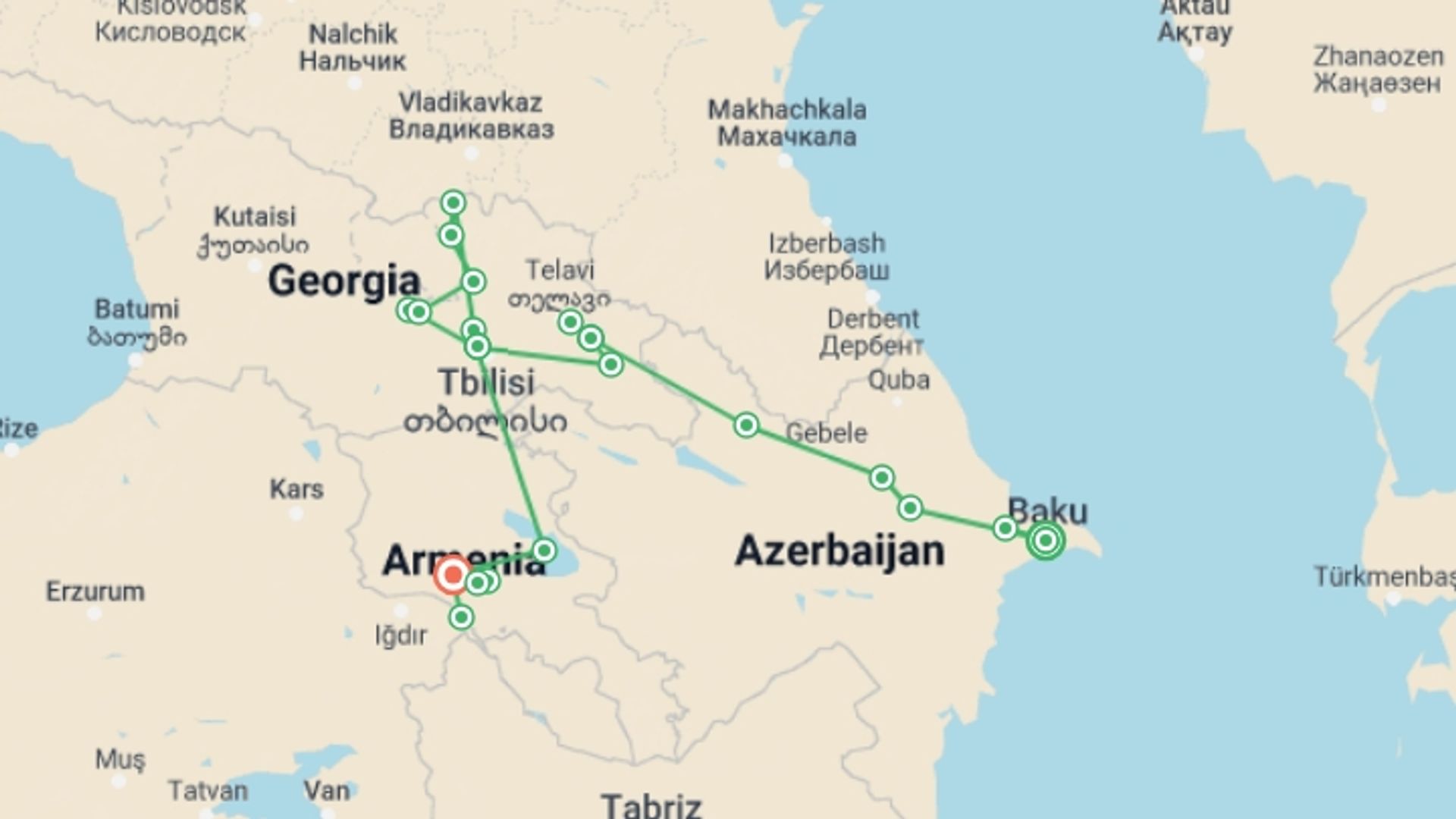 A map showing the tour itinerary for the trip: Caucasus Small Group Tour, starting in Baku, Azerbaijan and ending in Yerevan, Armenia going through 6 other destinations.
