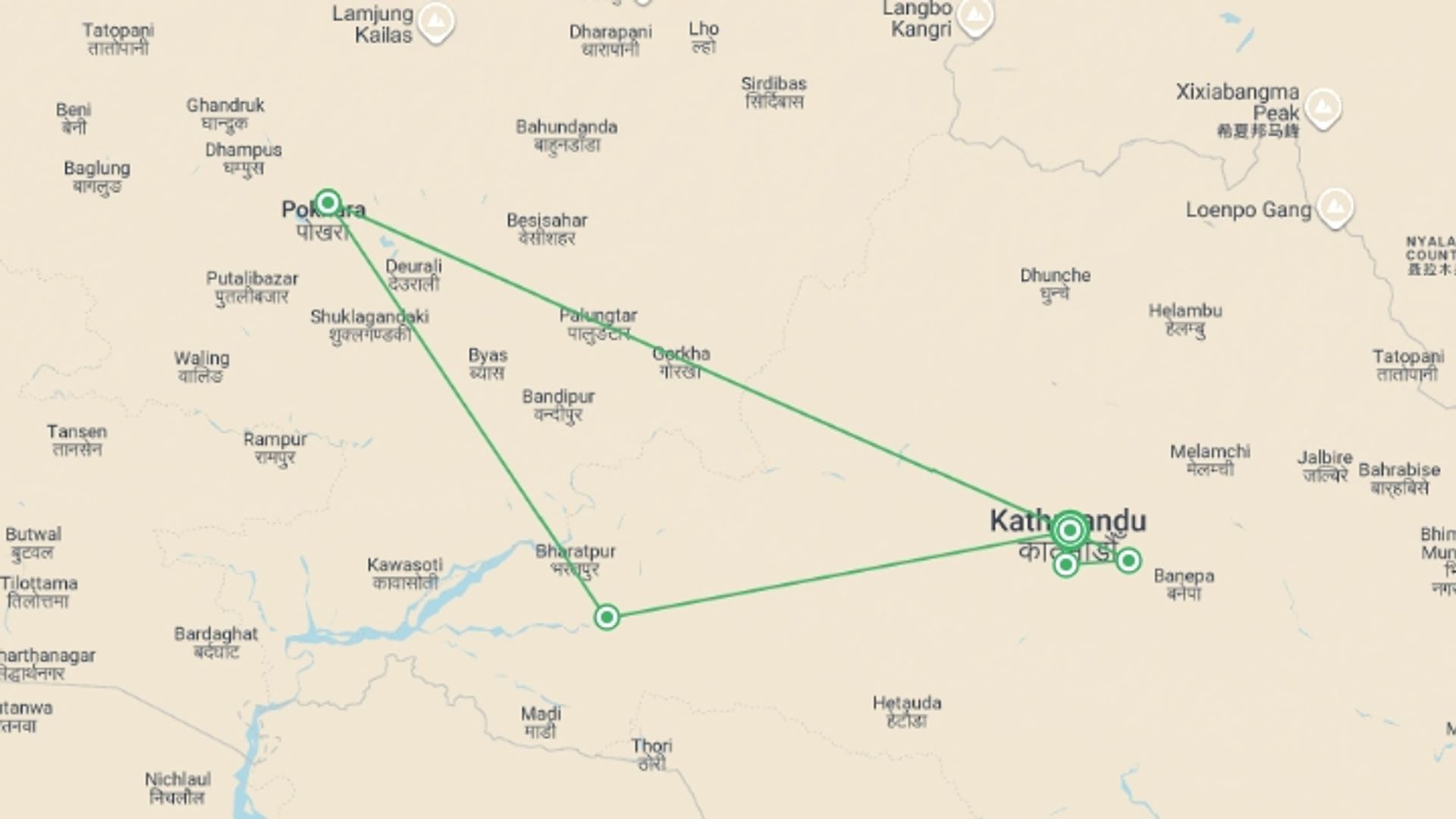 A map showing the tour itinerary for the trip: Highlights of Nepal - 9 days, starting in Kathmandu, Nepal and ending in Kathmandu, Nepal going through 2 other destinations.