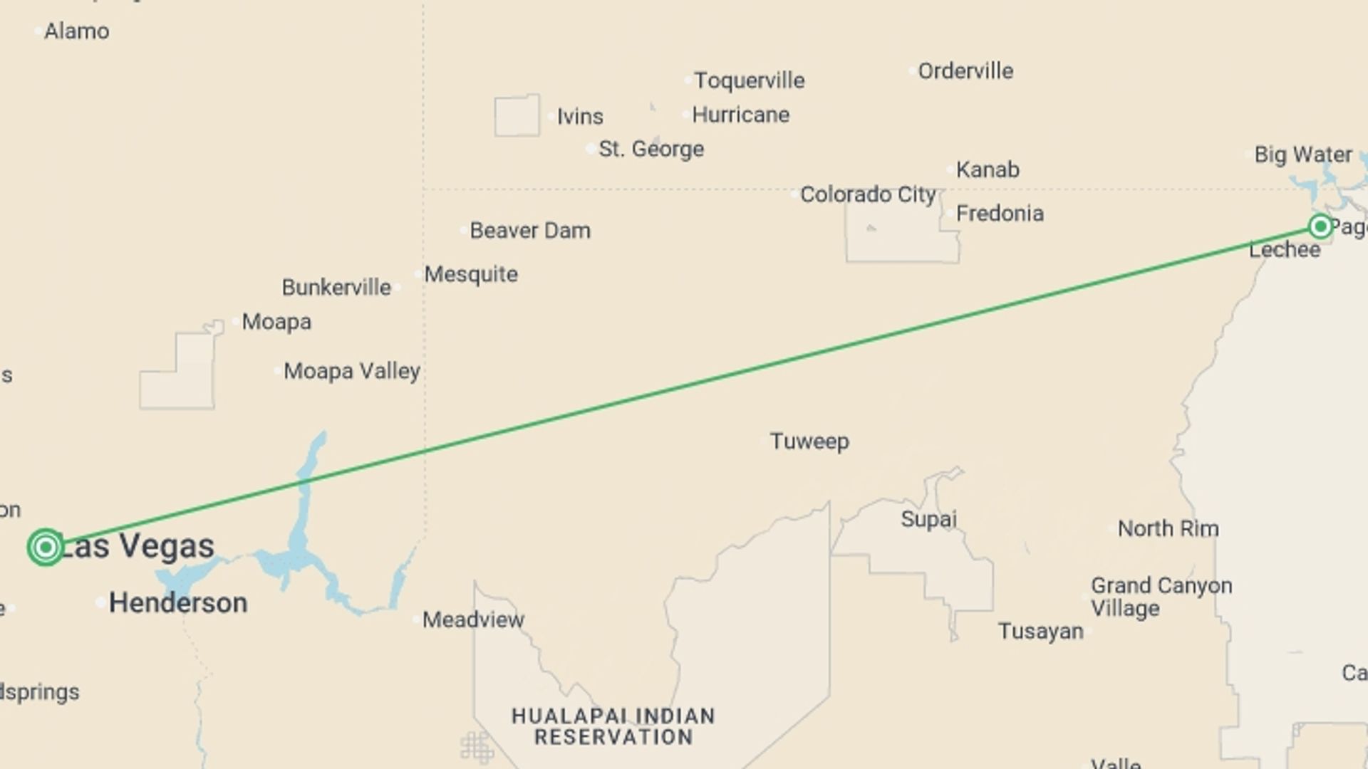 A map showing the tour itinerary for the trip: Monument Valley & Antelope Canyon - 3 days, starting in Las Vegas, USA and ending in Las Vegas, USA going through 1 other destinations.