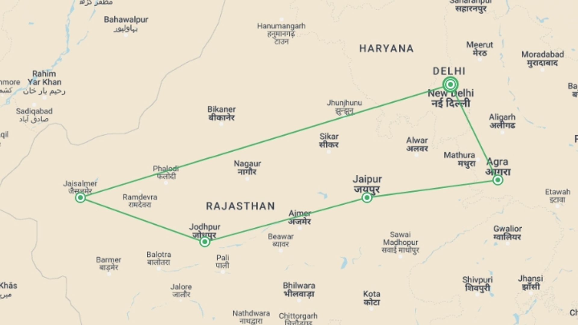 A map showing the tour itinerary for the trip: Explore Cultural Royal Rajasthan, starting in New Delhi, India and ending in New Delhi, India going through 5 other destinations.