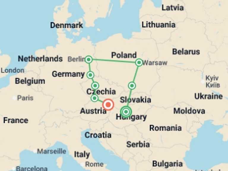 Map of Europe Tour with 7 destination visits for the trip: Highlights of Eastern Europe
