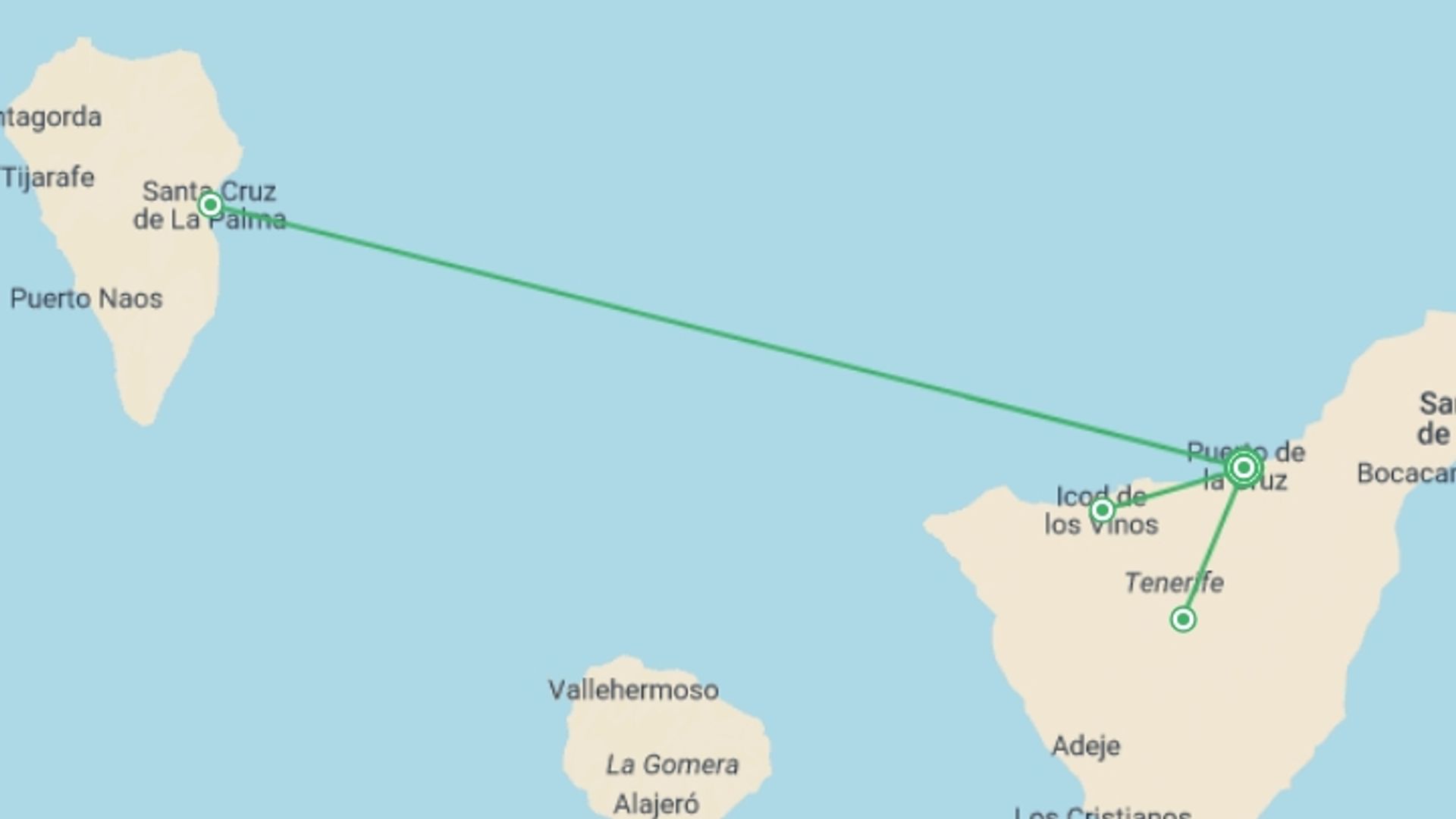 A map showing the tour itinerary for the trip: Tenerife Culture & Beach (3 Star) - 8 days, starting in Puerto De La Cruz, Spain and ending in Puerto De La Cruz, Spain going through 0 other destinations.