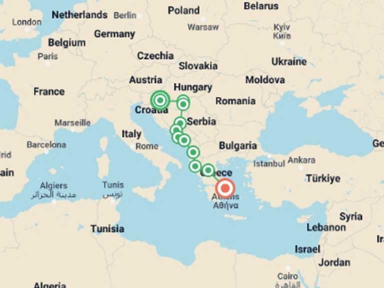 Map of Zagreb City sightseeing Tour with 4 destination visits for the trip: The Balkans From Coastal Croatia to Legendary Greece