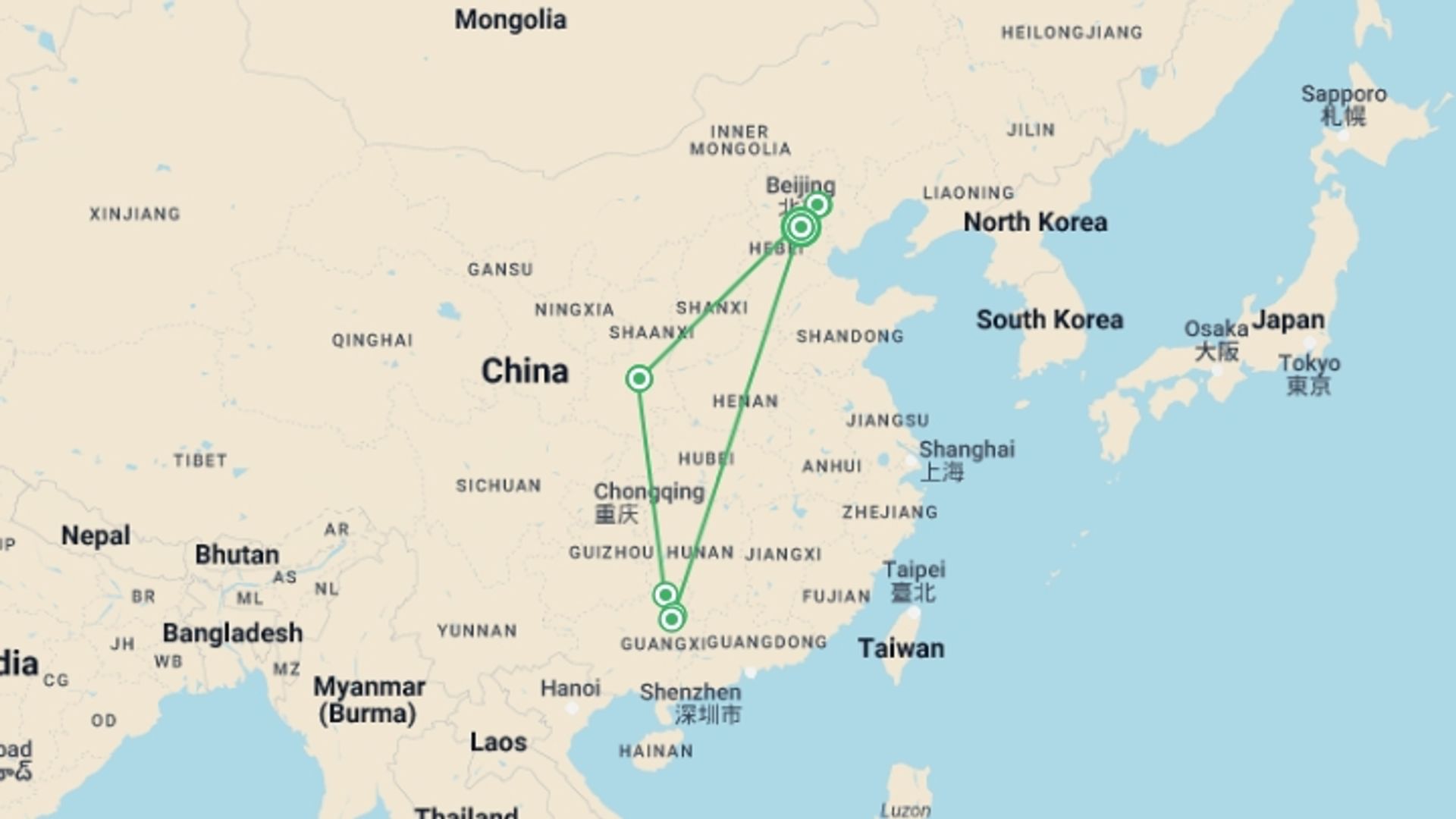A map showing the tour itinerary for the trip: Walking the Charms of China - Privately Guided, starting in Beijing, China and ending in Beijing, China going through 6 other destinations.
